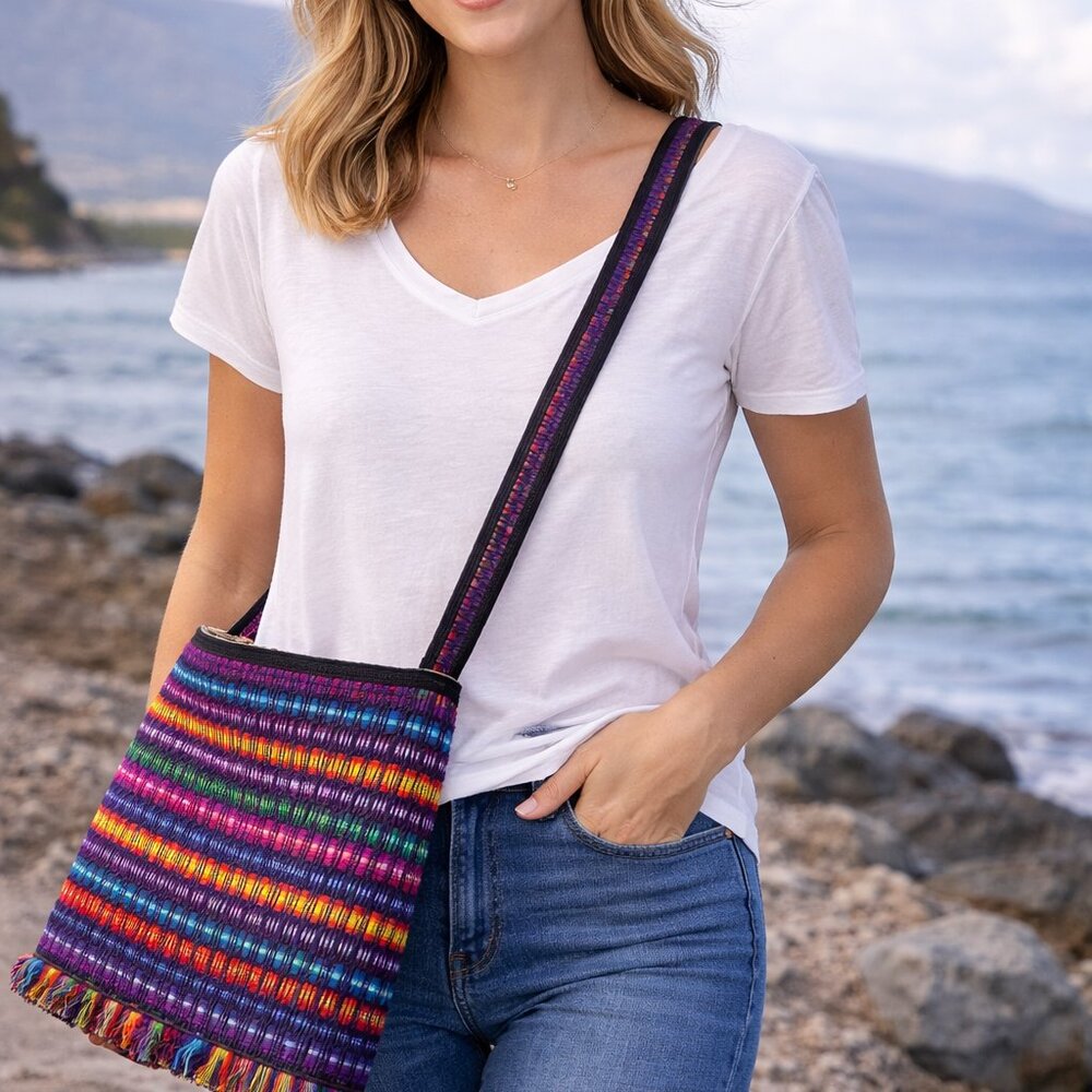 Guatamalan Hand Made Two Zippered Woven Bag W/Fringe Colorful 11"W X 13"T